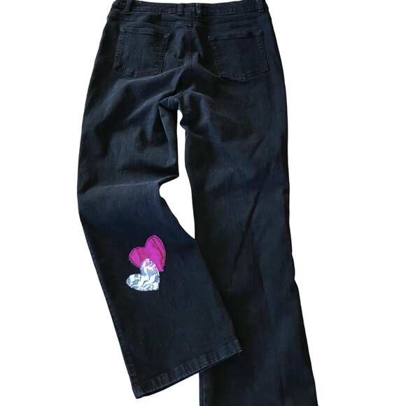 Upcycled Patchwork Jeans, Size 14: Handmade Magenta & Lace Patches, Black Denim - Picture 2 of 9